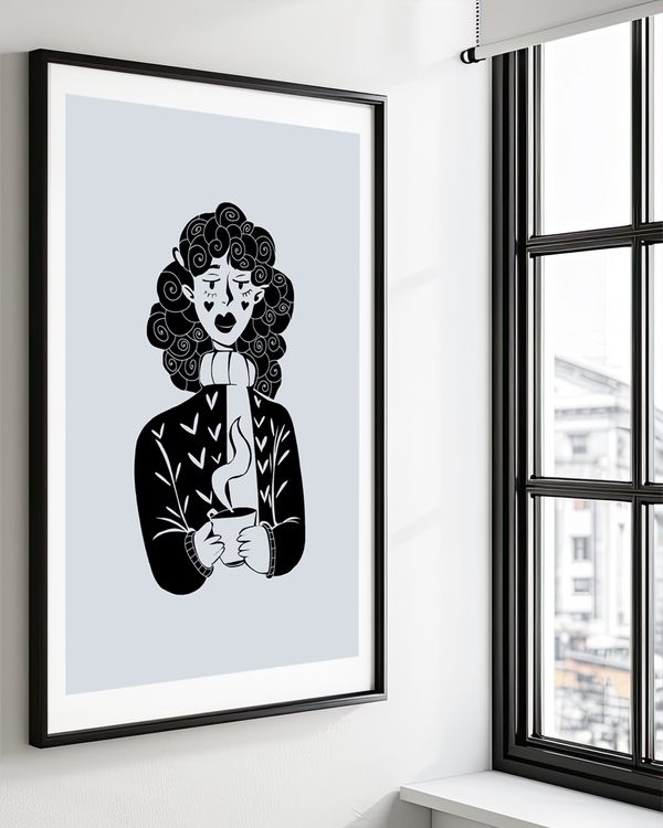 A poster of a stylized figure holding a steaming cup on gray background