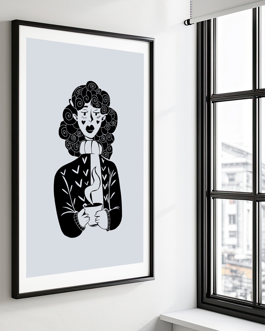 A poster of a stylized figure holding a steaming cup on gray background