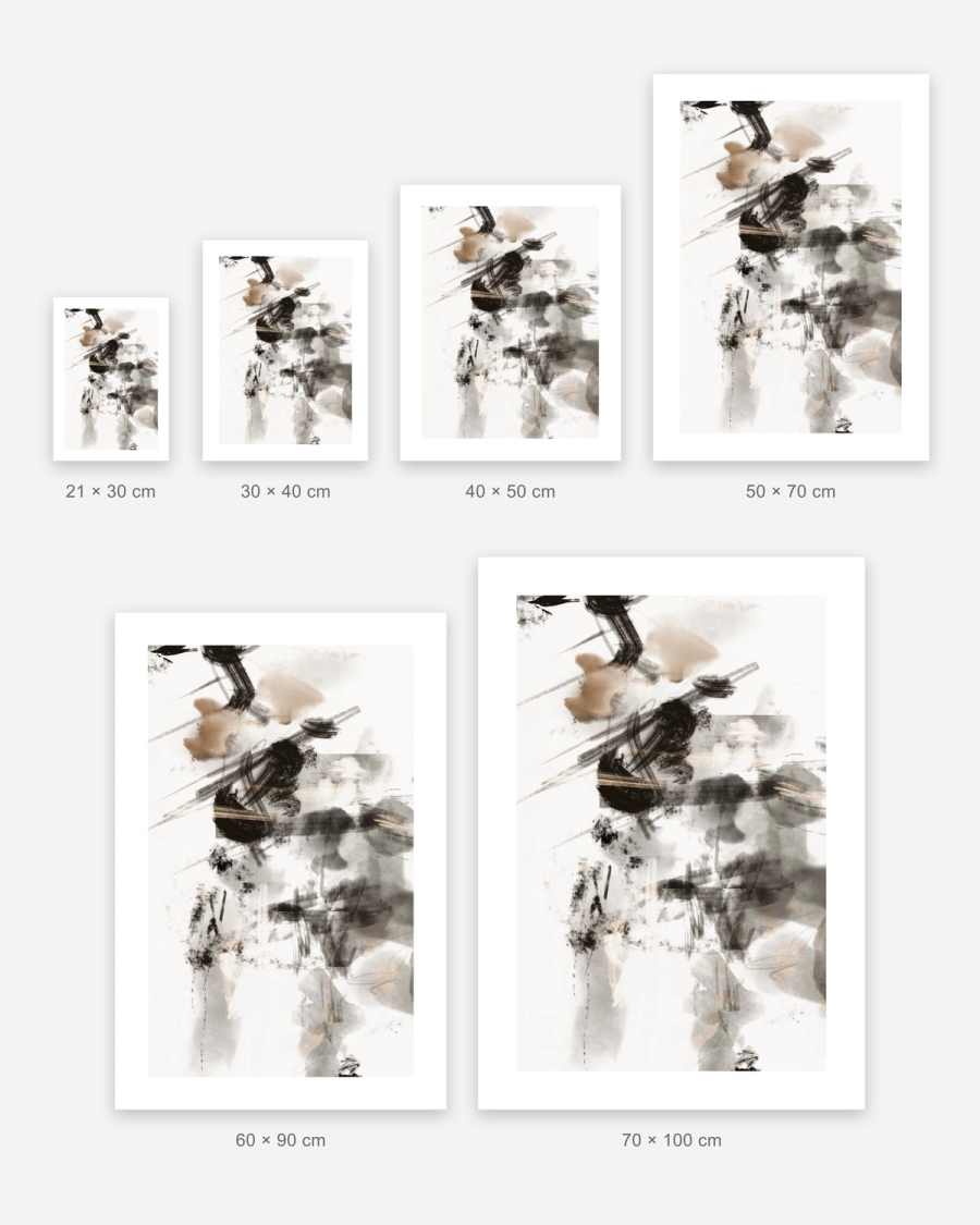 Ink Drift poster in 6 sizes, shown to scale: 21 × 30, 30 × 40, 40 × 50, 50 × 70, 60 × 90 and 70 × 100 cm