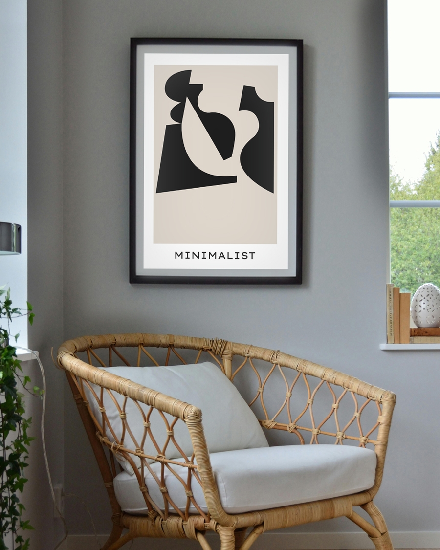 A poster of a Black abstract shapes on warm beige background