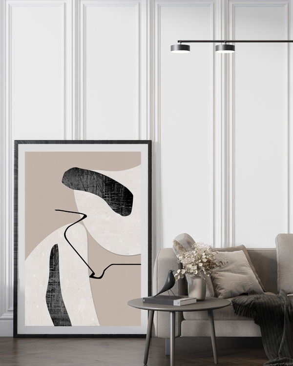 A poster of a Textured black shapes with thin lines on beige
