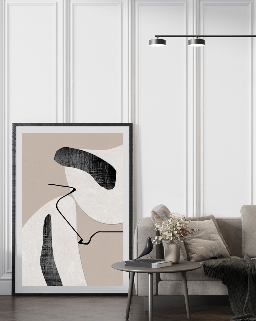 A poster of a Textured black shapes with thin lines on beige