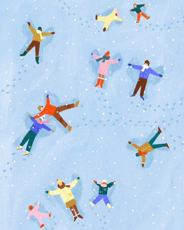 Illustration of people in colorful winter clothes making snow angels on pale blue snow