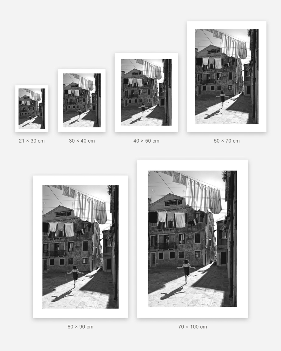 Skipping Through Sunlight poster in 6 sizes, shown to scale: 21 × 30, 30 × 40, 40 × 50, 50 × 70, 60 × 90 and 70 × 100 cm