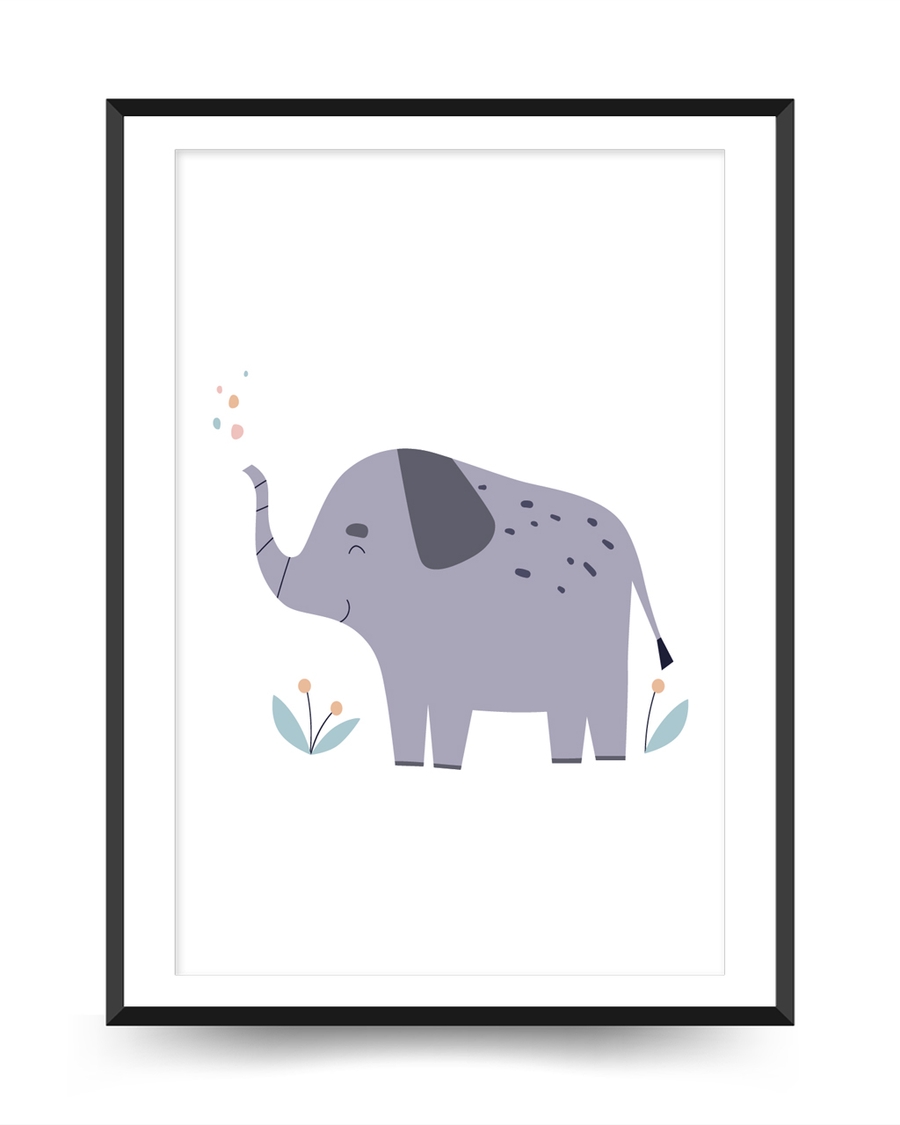 A poster of a Soft pastel elephant illustration with playful details