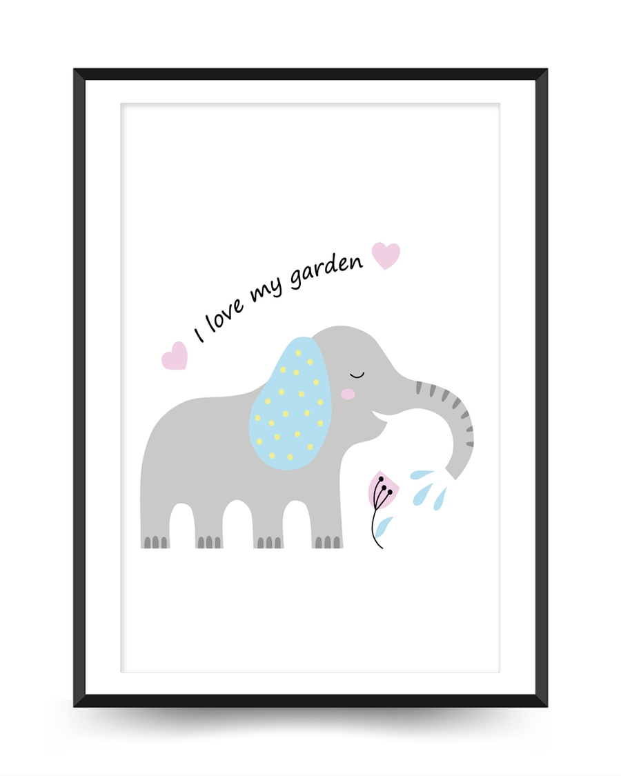 A poster of a Elephant illustration watering flower with garden text