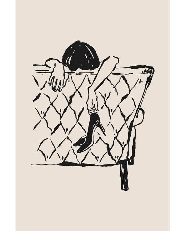 Abstract figure resting on chair in black line style