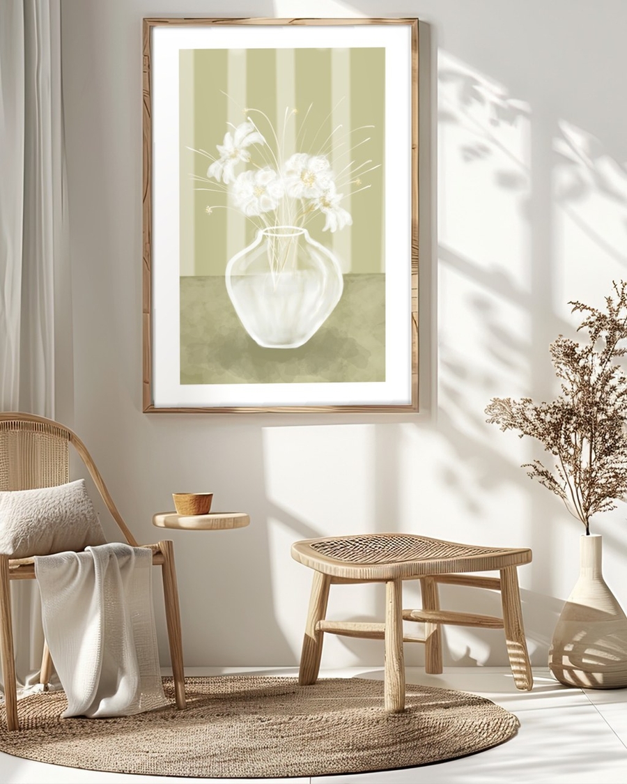 White Blooms in Glass poster in a light wood frame on a white wall above a rattan stool