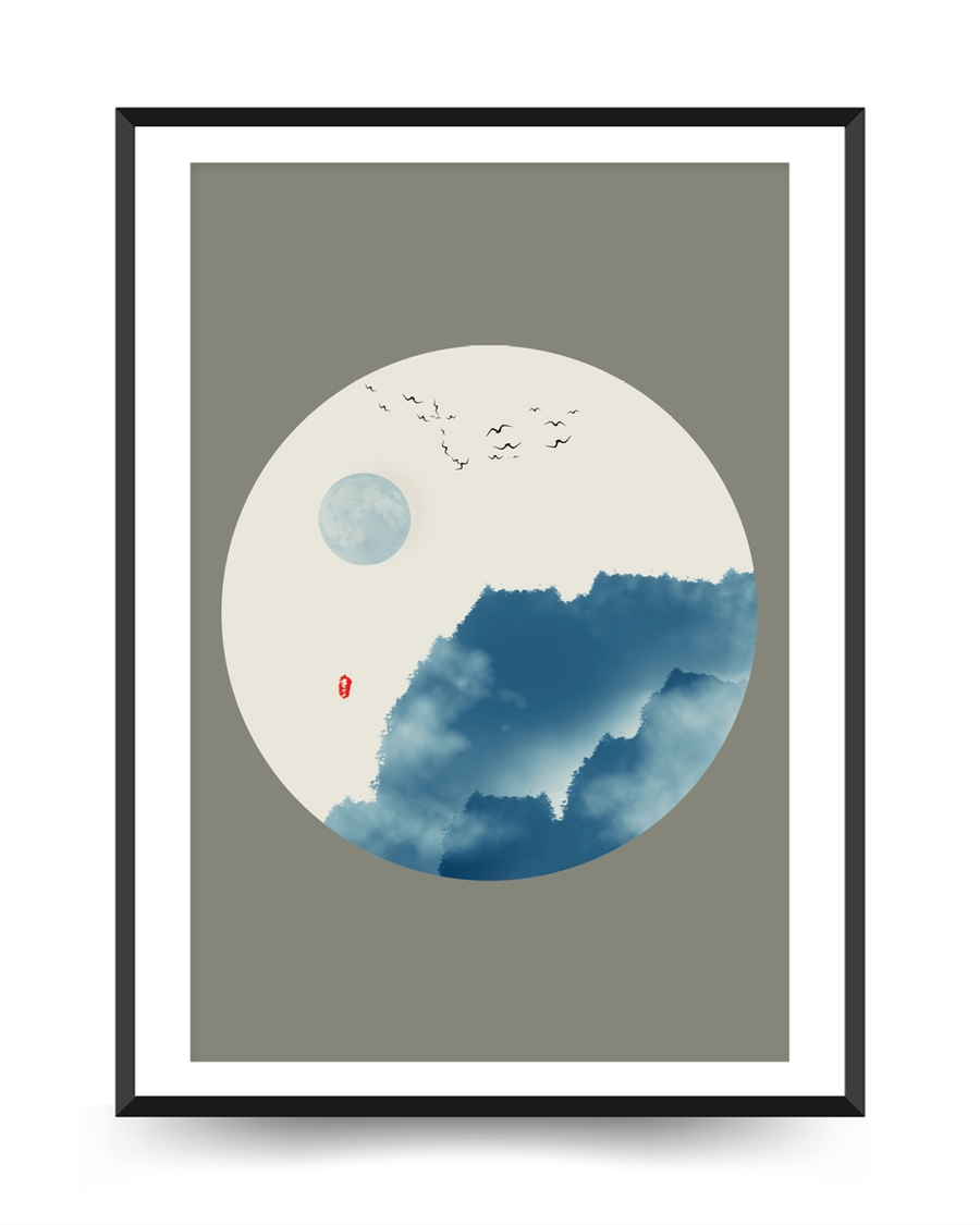 A poster of a Japandi circle art with moon birds and blue forms