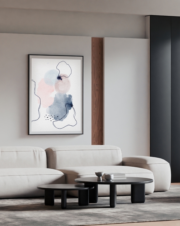 A poster of a Abstract watercolor shapes with soft lines on white