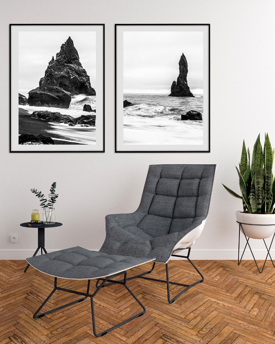 A poster of a Tall sea stack in monochrome ocean view