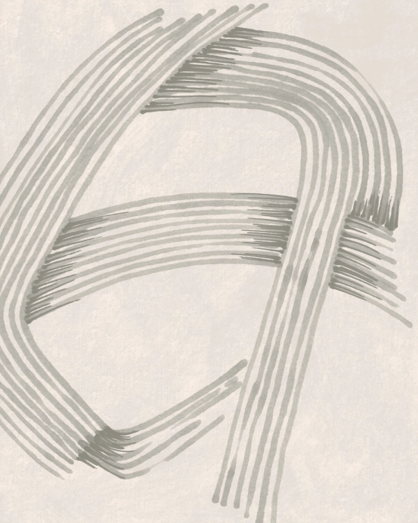 Abstract poster with gray brushstrokes combed into fine curving lines on a warm off-white background