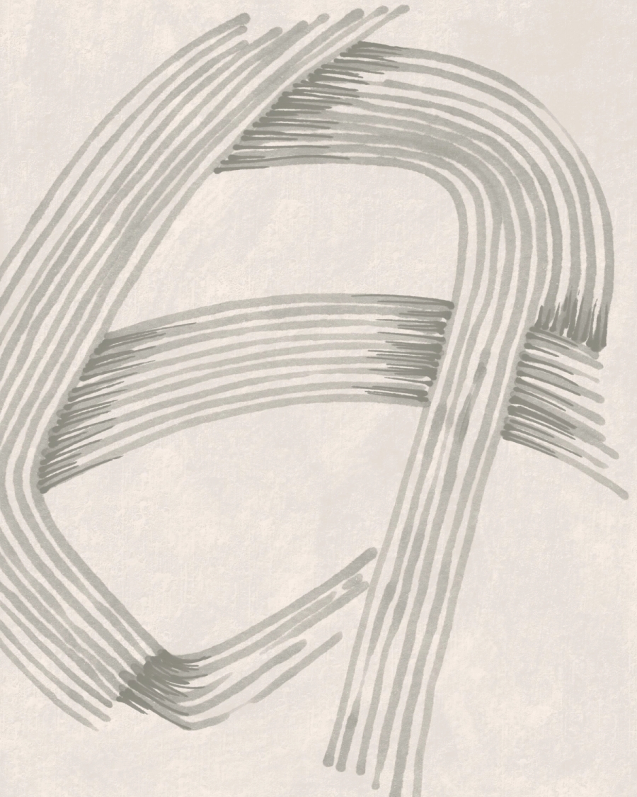 Abstract poster with gray brushstrokes combed into fine curving lines on a warm off-white background