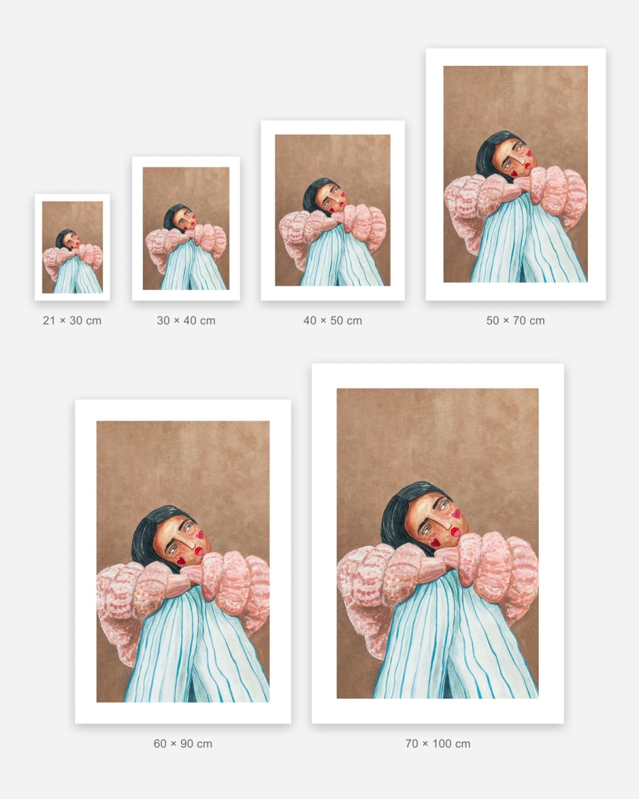 Puff Sleeve Daydream poster in 6 sizes, shown to scale: 21 × 30, 30 × 40, 40 × 50, 50 × 70, 60 × 90 and 70 × 100 cm