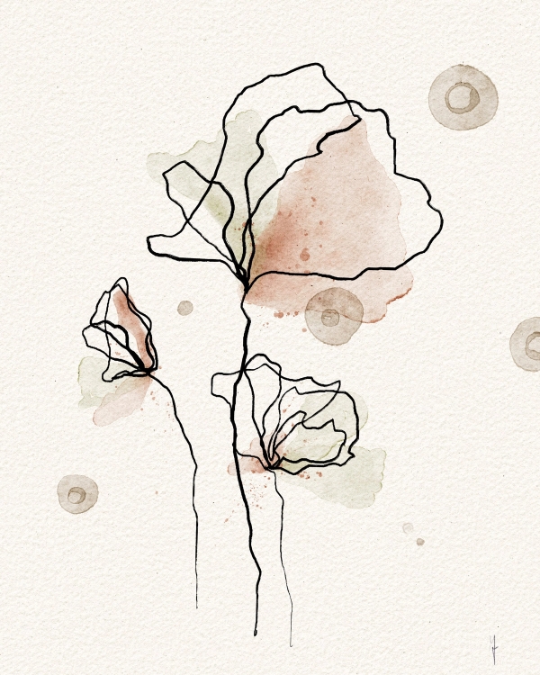 One-line ink drawing of three flowers with dusty rose and sage watercolor washes on cream paper