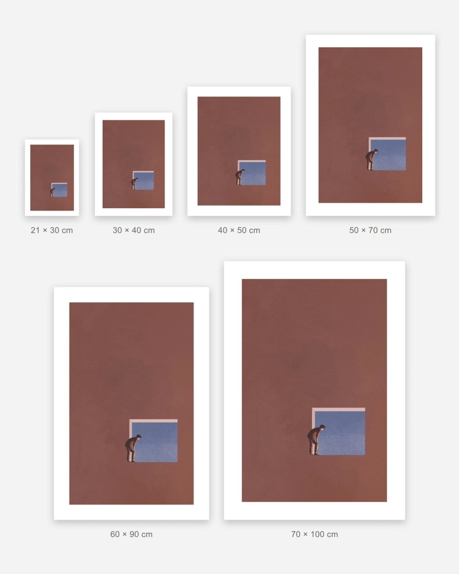 Window to Blue poster in 6 sizes, shown to scale: 21 × 30, 30 × 40, 40 × 50, 50 × 70, 60 × 90 and 70 × 100 cm
