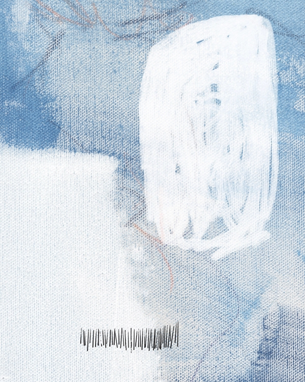Abstract painting in blue and white with a white oval shape, canvas texture and fine black strokes