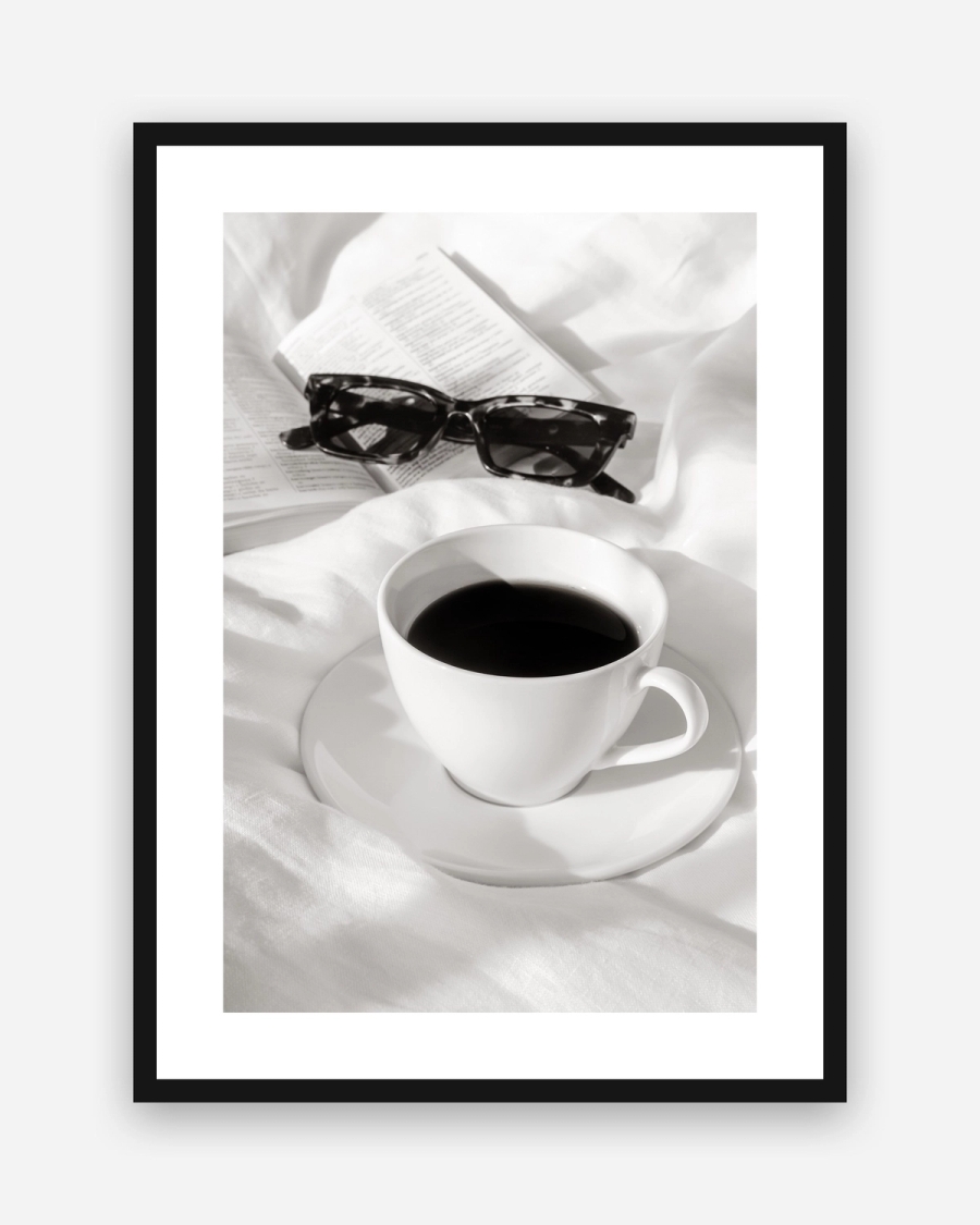 Slow Morning Coffee poster with a white border in a black frame