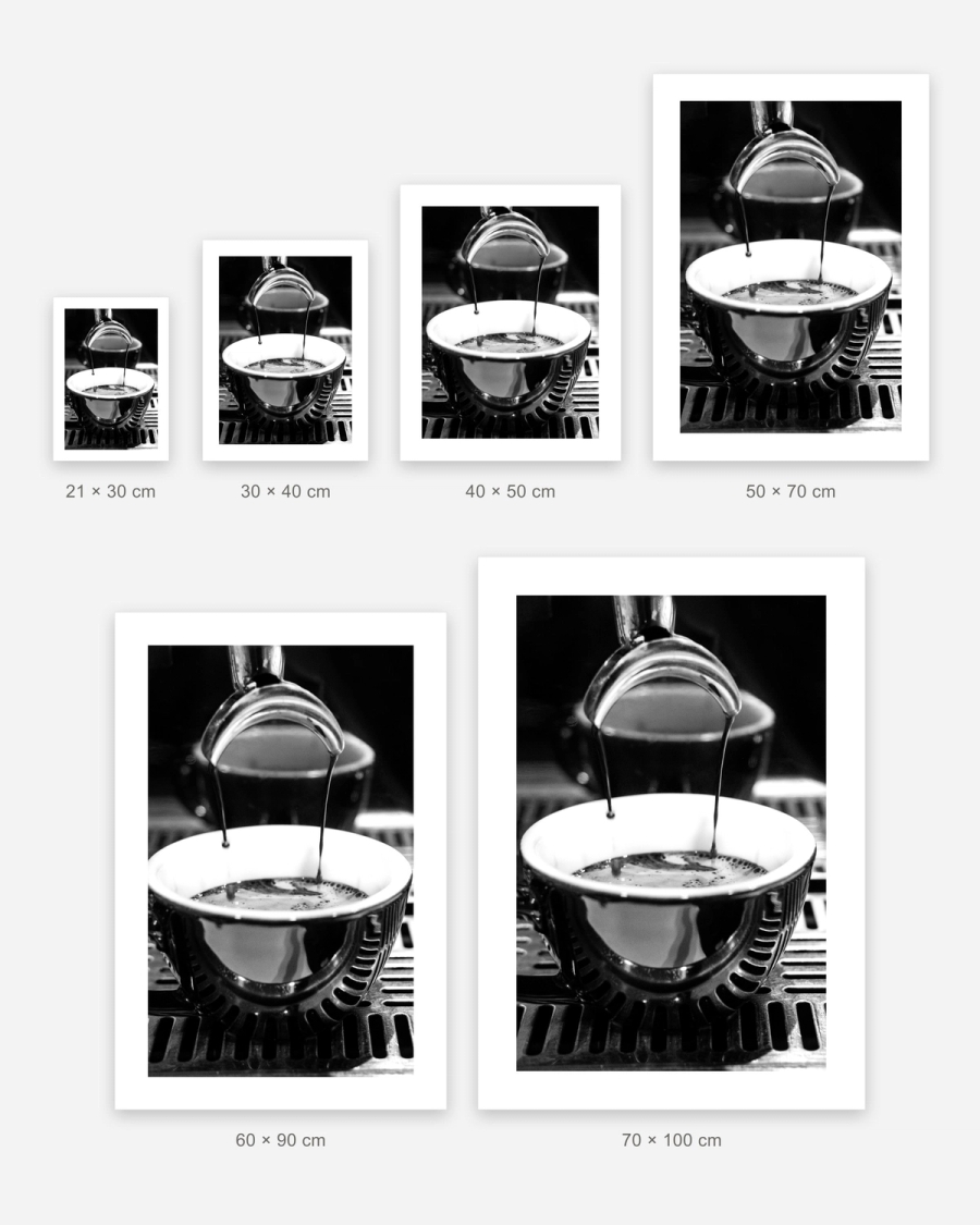 Espresso Pour poster in 6 sizes, shown to scale: 21 × 30, 30 × 40, 40 × 50, 50 × 70, 60 × 90 and 70 × 100 cm