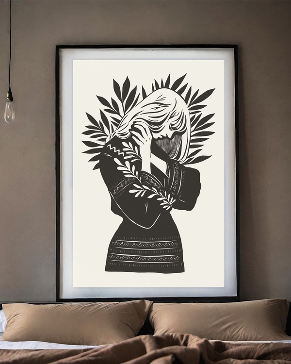 A poster of a Graphic figure surrounded by botanical leaves in black
