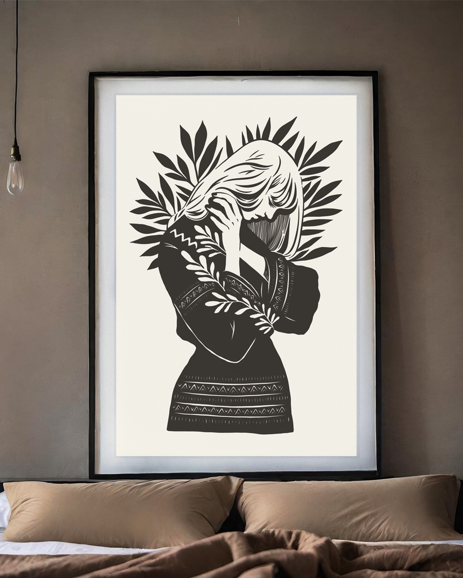 A poster of a Graphic figure surrounded by botanical leaves in black