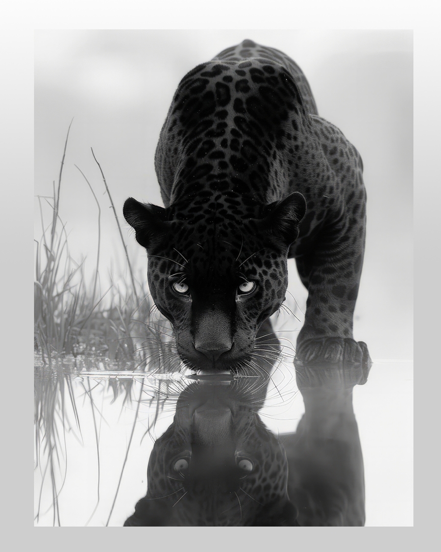 Black jaguar drinking water with mirrored reflection