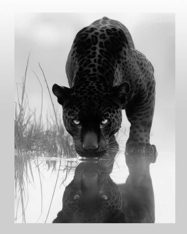 Black jaguar drinking water with mirrored reflection