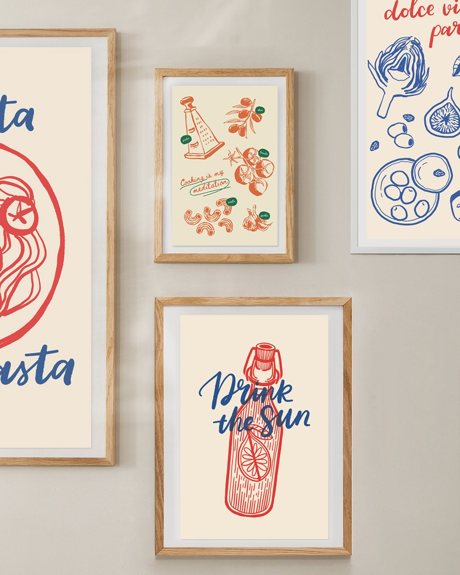 A poster of a Graphic citrus bottle illustration with drink the sun text