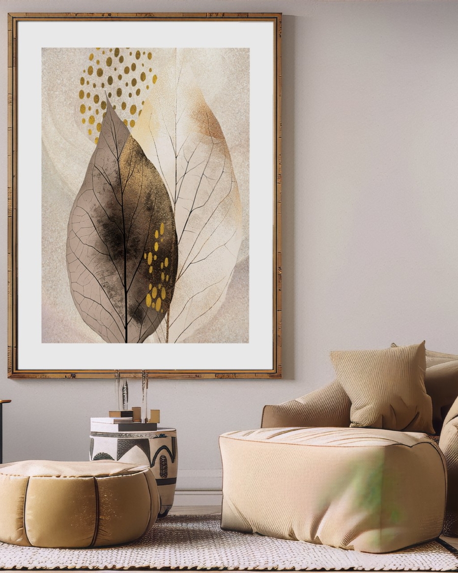 Gilded Leaf Study poster in an ornate gold frame above a beige armchair in a warm living room