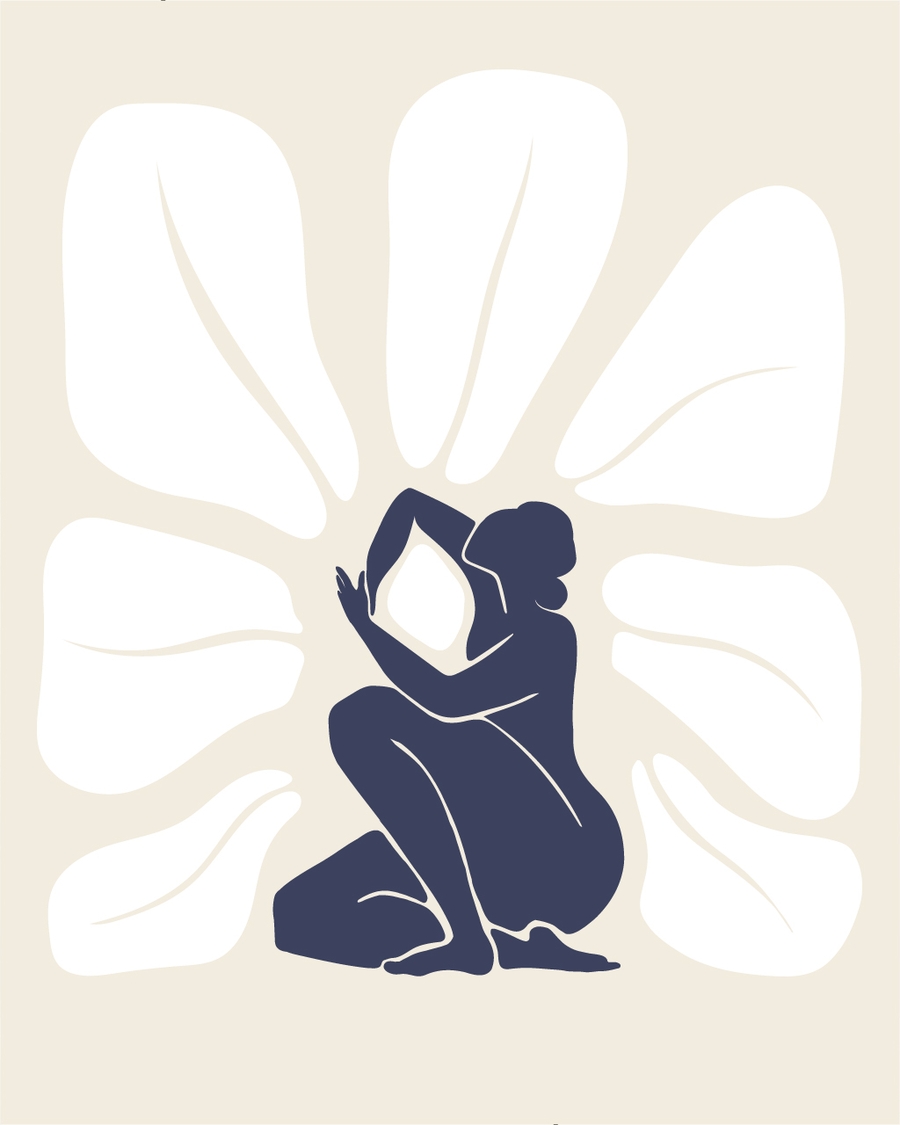 Navy silhouette surrounded by white petal shapes