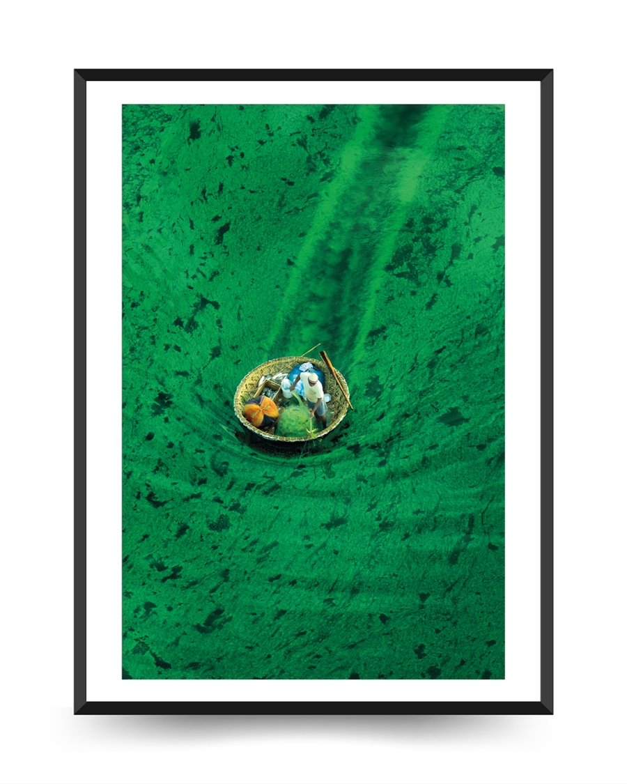 A poster of a Small boat floating in clear green water