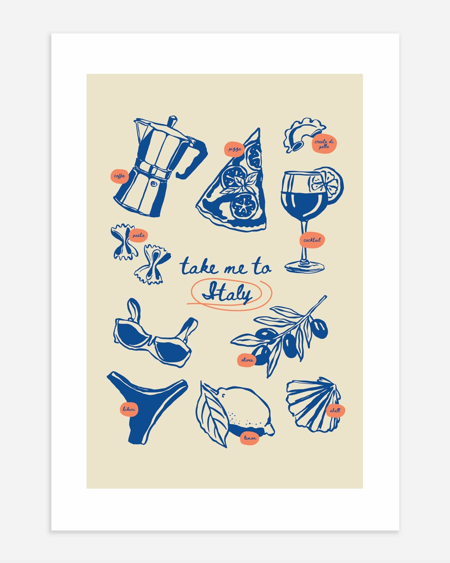 A poster of a Illustrated Italian food icons with take me to Italy