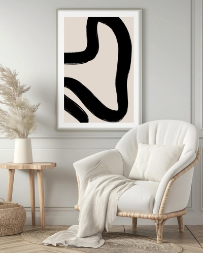 A poster of a abstract poster with bold black brushstrokes on beige