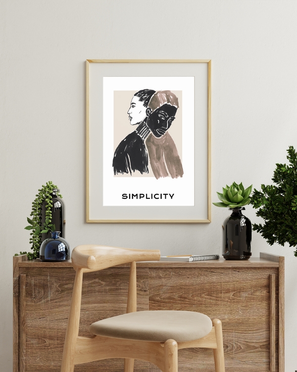 A poster of a Abstract painted figure in neutral tones with simplicity text