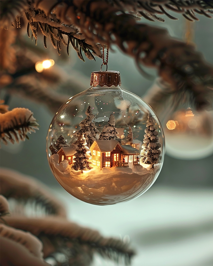 Glass ornament with snowy cabin and pine trees