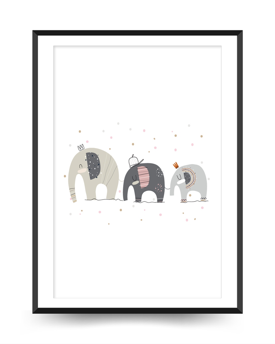 A poster of a Three cute illustrated elephants in soft pastel colors