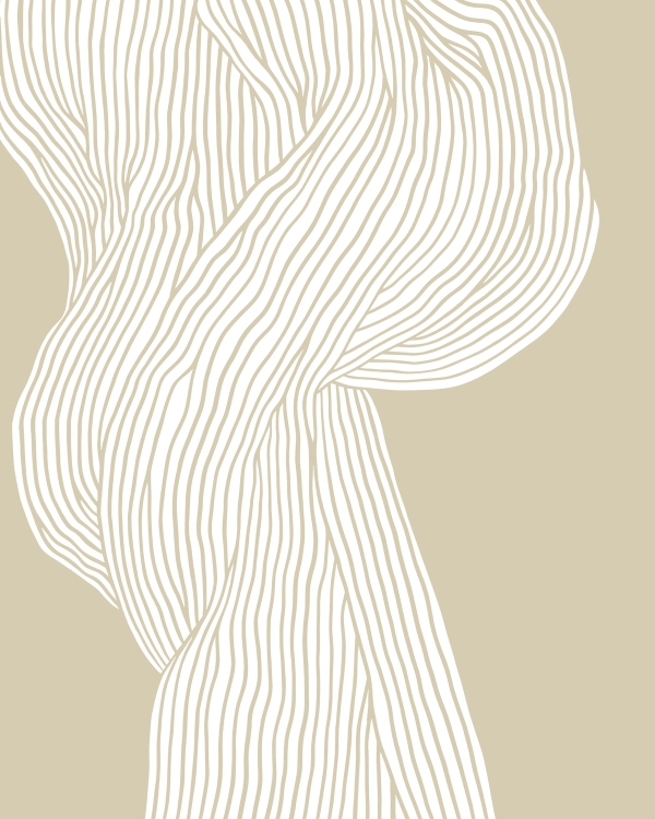 Abstract line art of flowing white strands folding over a warm beige background