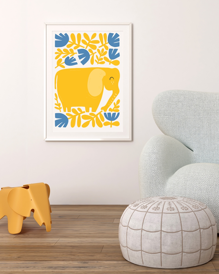 A poster of a Yellow elephant surrounded by playful botanical shapes