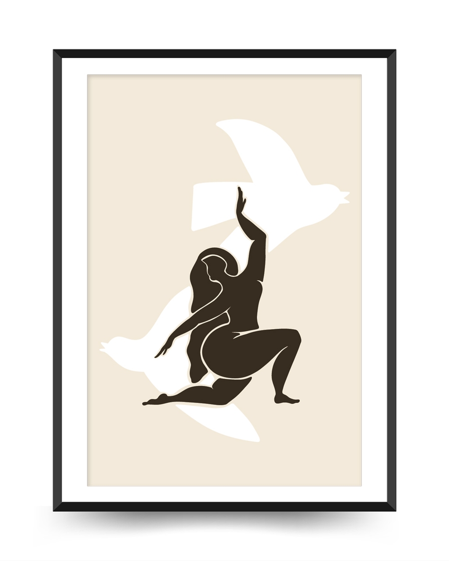 A poster of a Abstract figure reaching toward white bird shapes