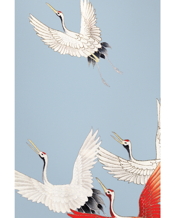 Japandi art with flying cranes on blue background