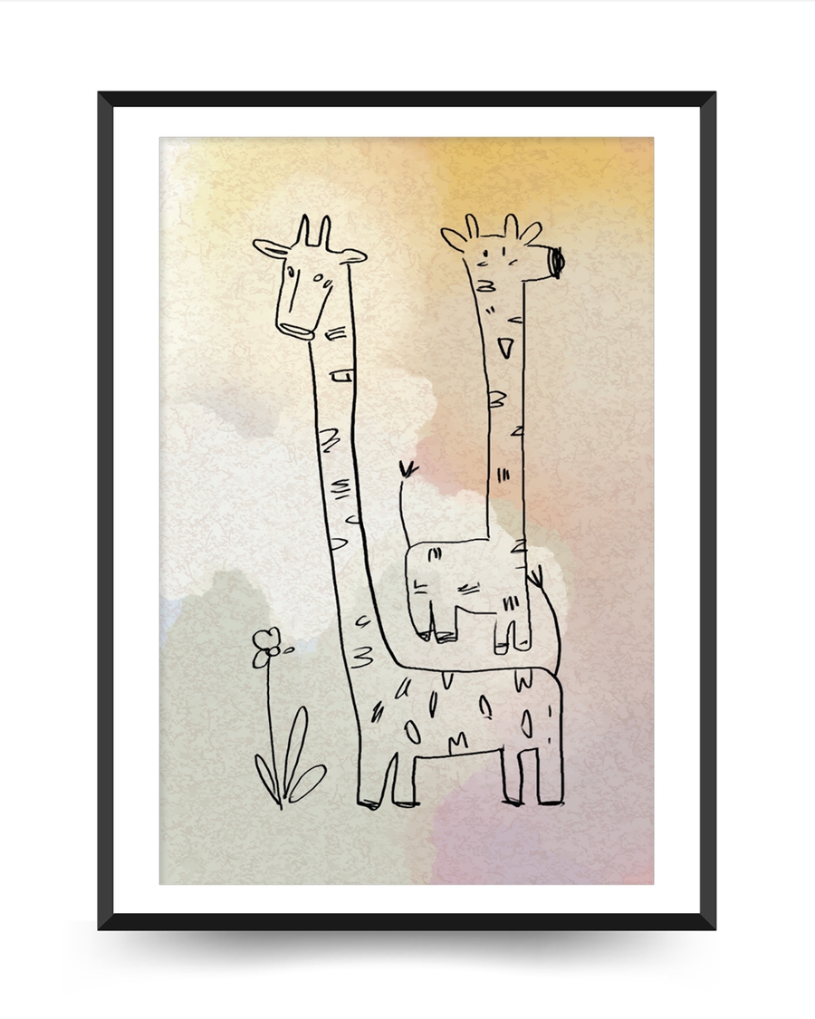 A poster of a Hand drawn giraffe illustration in soft watercolor style
