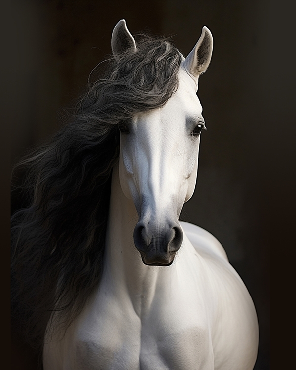 White horse with flowing black mane portrait