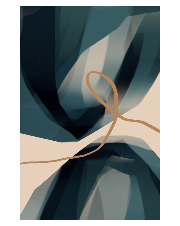 Abstract teal shapes with ochre line on beige