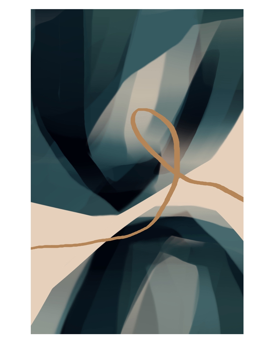 Abstract teal shapes with ochre line on beige