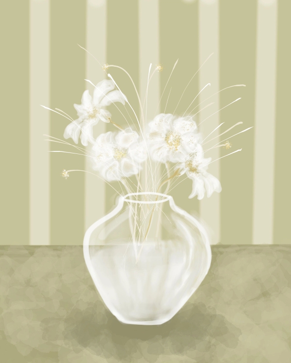 Illustrated still life with white flowers in a rounded glass vase against a striped green-beige wall