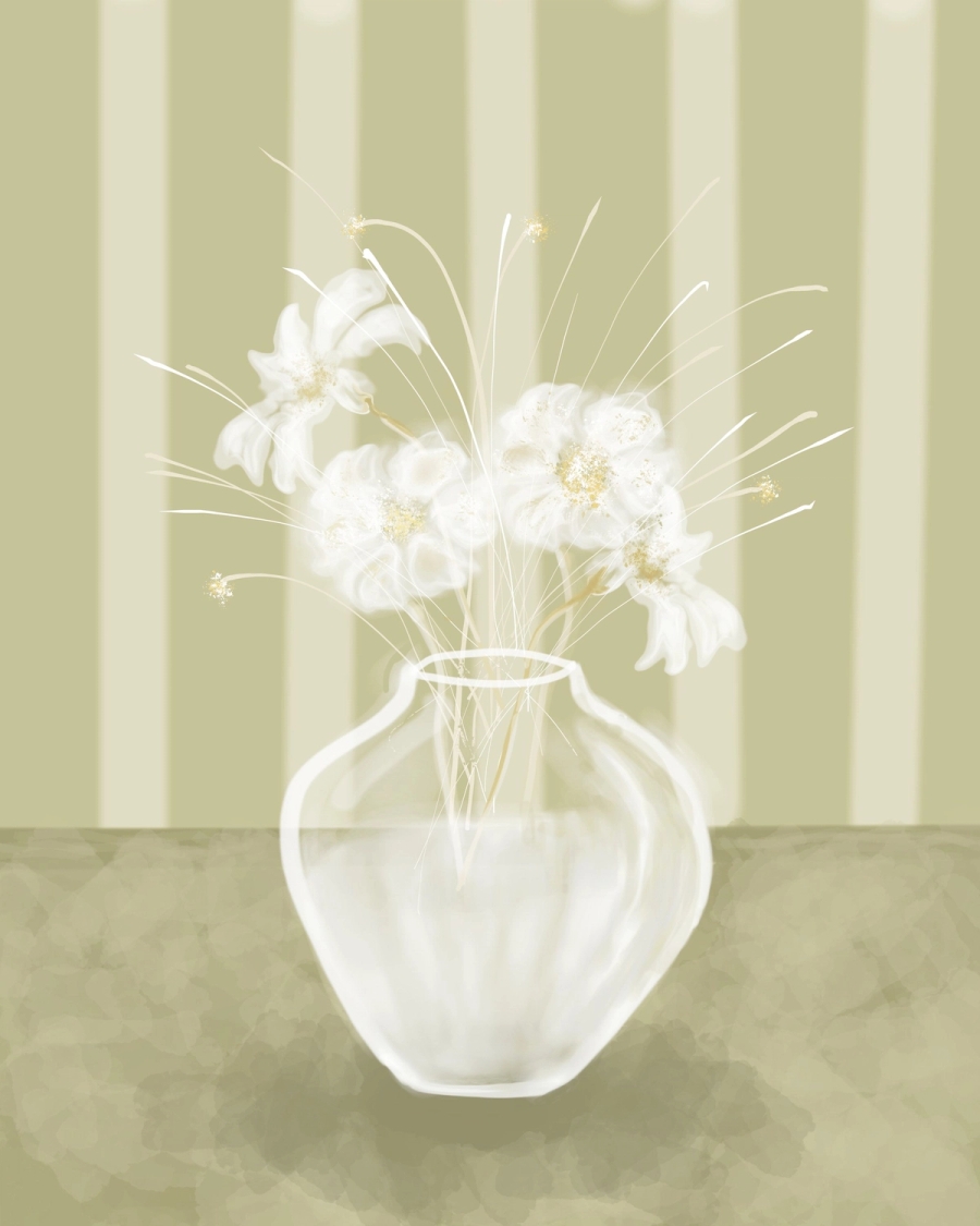 Illustrated still life with white flowers in a rounded glass vase against a striped green-beige wall