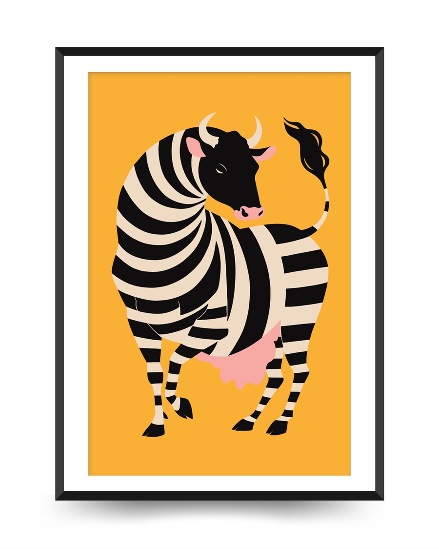 A poster of a Striped cow illustration on warm yellow background