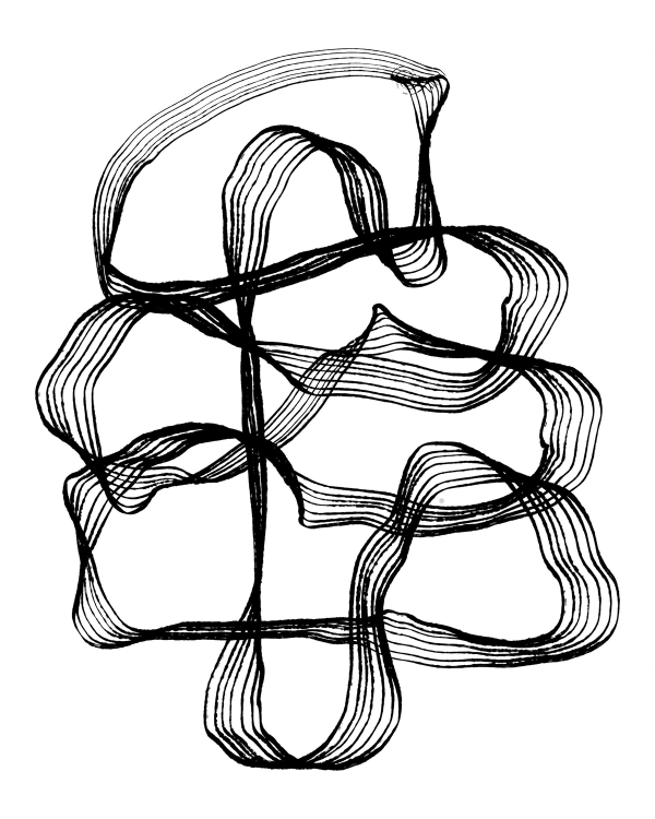 Abstract black line drawing of looping ribbon shapes on a white background