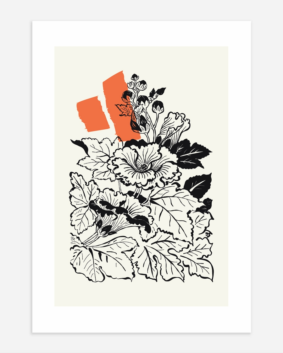 A poster of a Japandi floral art with hand drawn flowers and orange accent