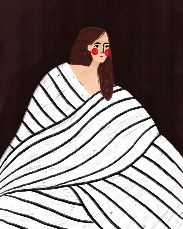 Illustrated portrait of a woman wrapped in a black and white striped blanket on a dark brown background